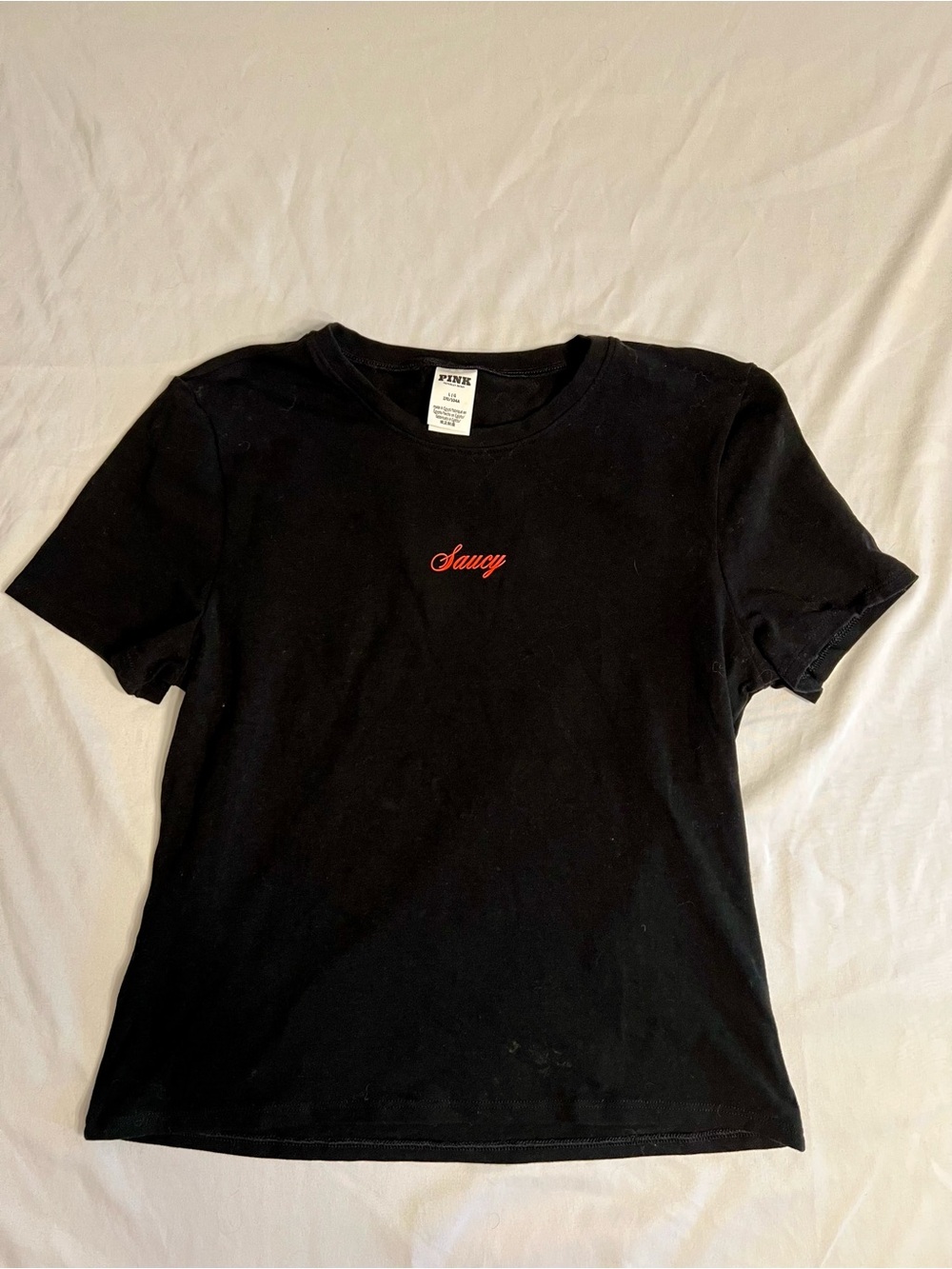 PINK Victoria's Secret Black Tee with Red "Saucy" Script